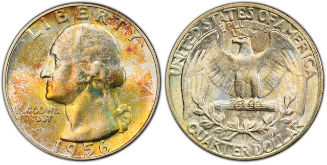 1956 Washington Quarters in PCGS and NGC certified grading holders arranged for sale display
