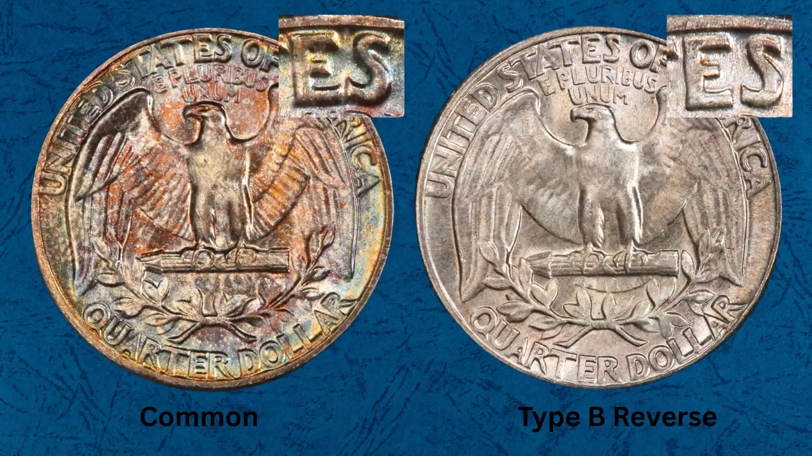 1956 quarter Type B Reverse FS-901 showing wider E-S spacing in STATES compared to standard Type A