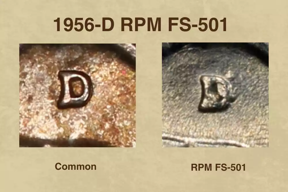 1956-D quarter RPM FS-501 showing doubled D mint mark with secondary impression shifted to the southwest