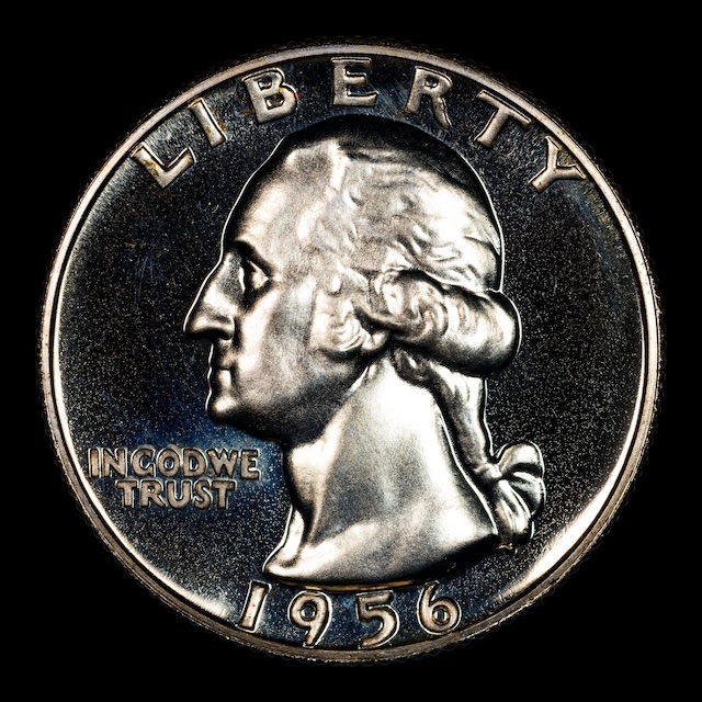 1956 proof quarter Doubled Die Obverse FS-101 showing doubled lettering on IN GOD WE TRUST and LIBERTY