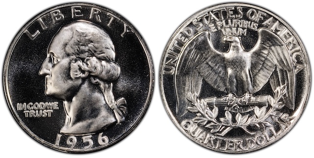 1956 proof quarter Deep Cameo DCAM showing frosted white devices against jet-black mirror fields