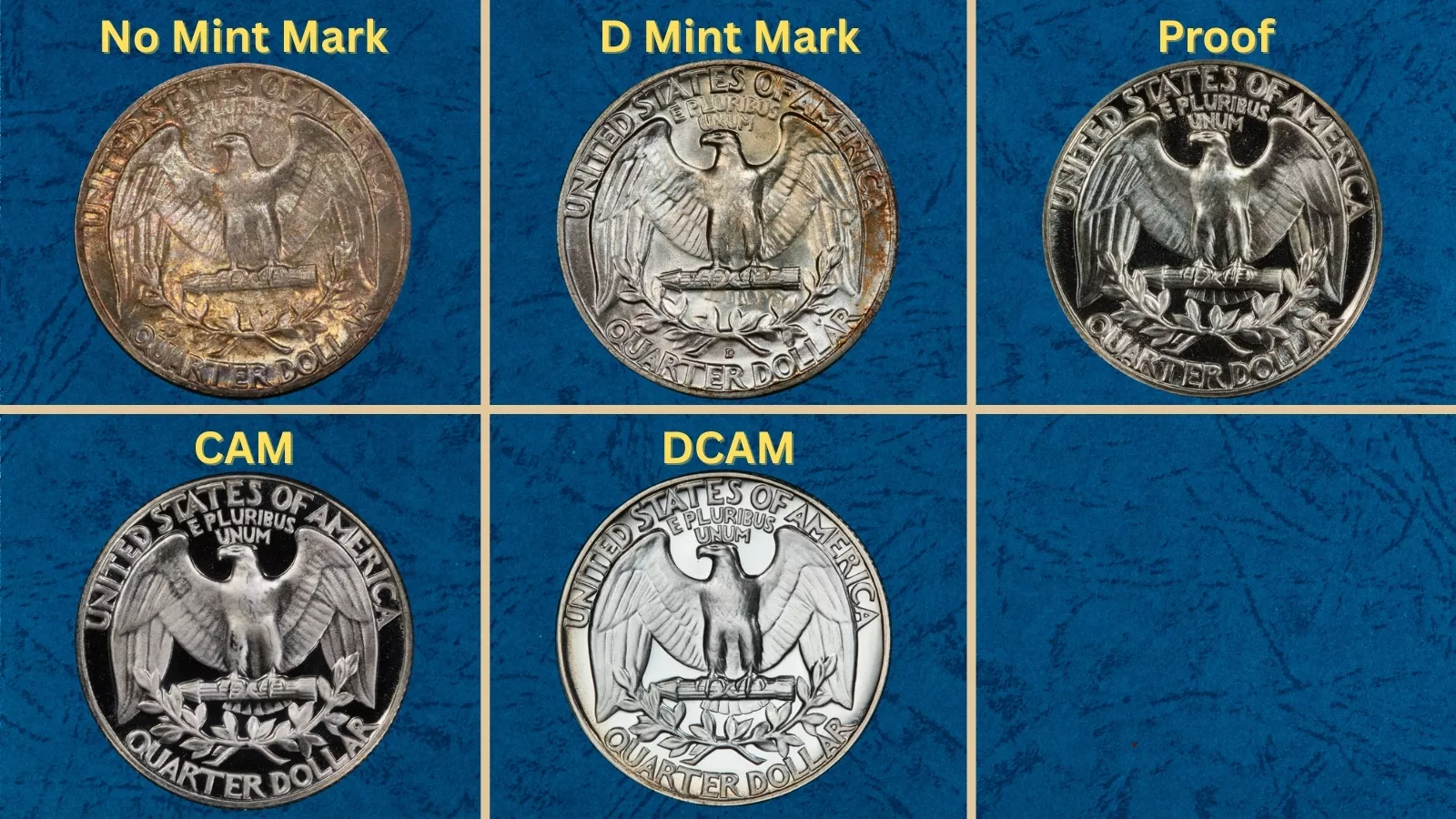 Group of 1956 Washington Quarters arranged to show various grades and varieties including proof examples