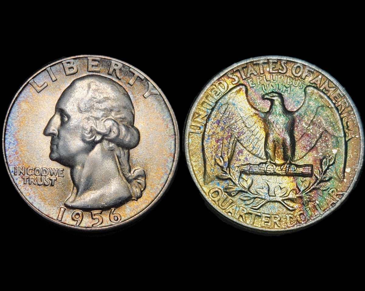 1956 Washington Quarter grading strip showing four condition tiers from Good (worn) through Gem MS-66 (superb)
